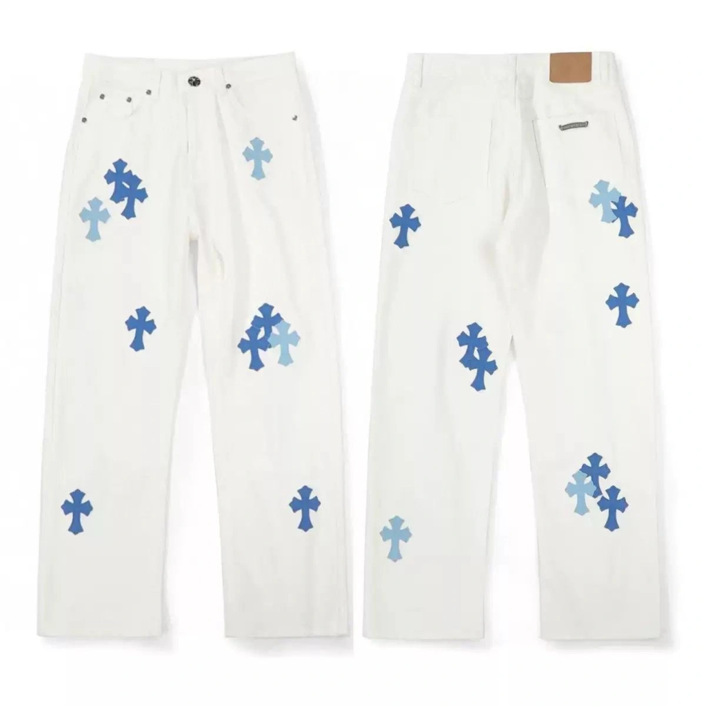 Chrome Hearts St Barth Baby Blue Croce Patch Bianco Jeans