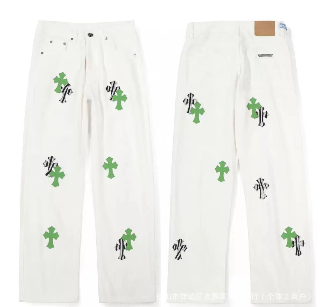 Chrome Hearts Bianco Jeans con Neon Green e Zebra Croce Patches